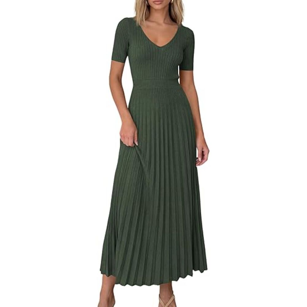 Women's Army Green Viscose V Neck Short Sleeve A Line Summer Casual Midi Dress